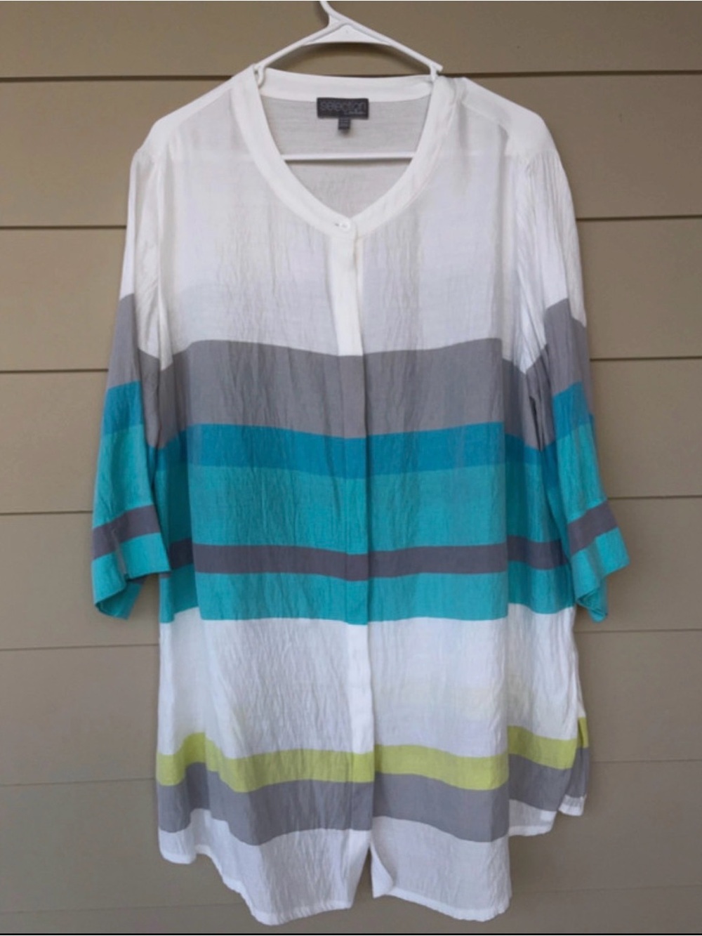 Selection by Ulla Popken White Tunic with Teal, Gray & Lime Stripes